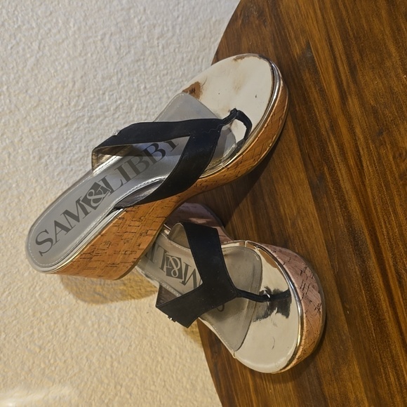 Sam & Libby Womens Black tong cork platform Wedge Sandals Silver CUTE! Sz.7 - Picture 2 of 13